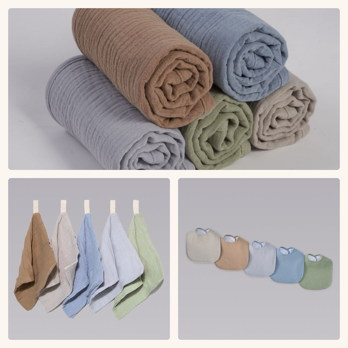 Organic Muslin Cloth Set in Earth and Sky: burp cloths, wash cloths and bibs