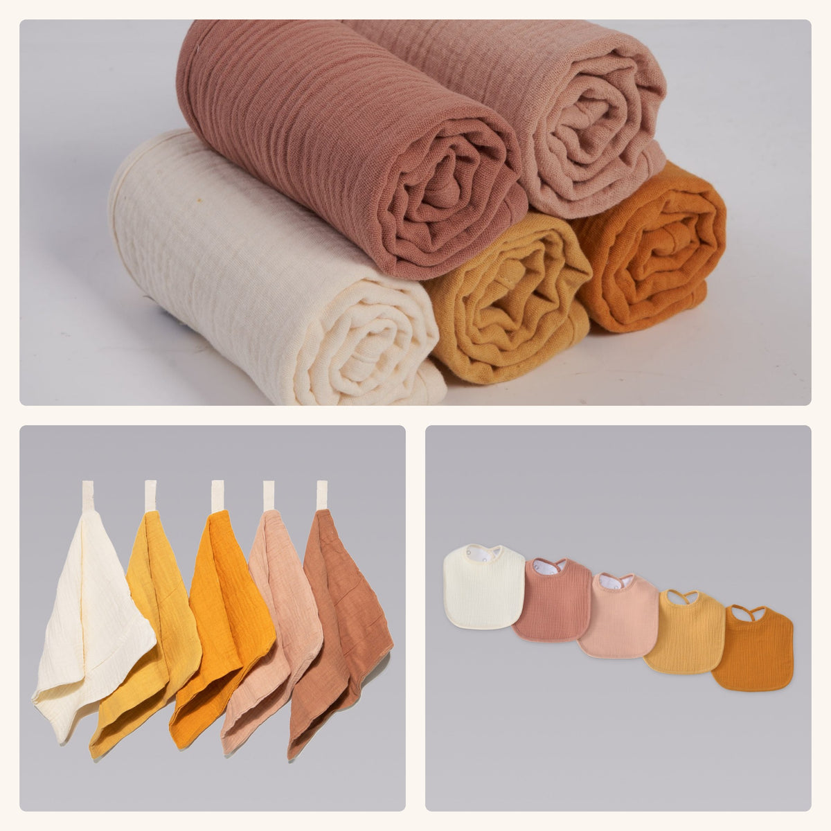Organic Muslin Cloth Set in Golden Harvest: burp cloths, wash cloths and bibs