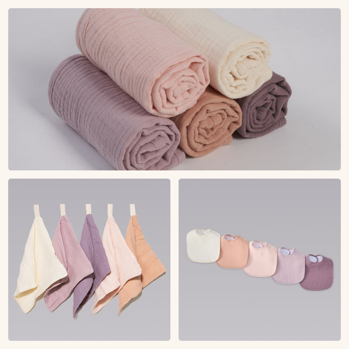 Organic Muslin Cloth Set in Lavender Blush: burp cloths, wash cloths and bibs