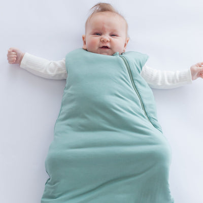 Cove green bamboo baby sleeping bag suitable for newborns to eighteen months by Zoe Sage